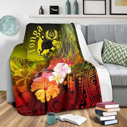 Tonga Premium Blanket - Humpback Whale with Tropical Flowers (Yellow)