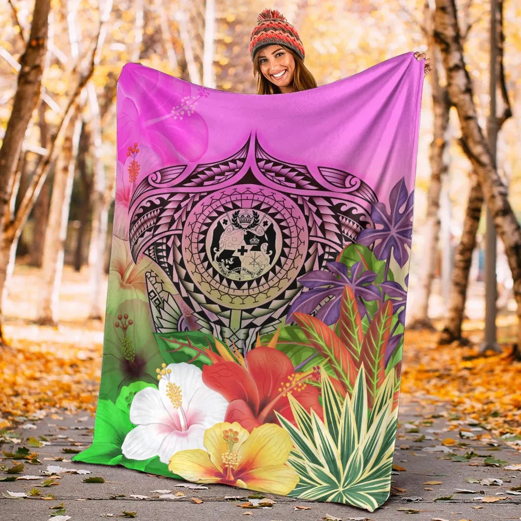 Tonga Premium Blanket - Manta Ray Tropical Flowers