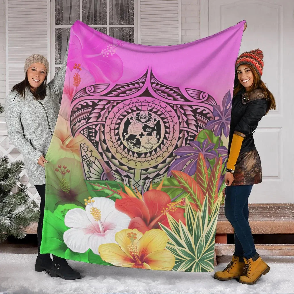 Tonga Premium Blanket - Manta Ray Tropical Flowers