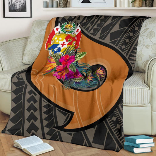 Tonga Premium Blanket - Polynesian Hook And Hibiscus ( Nude)