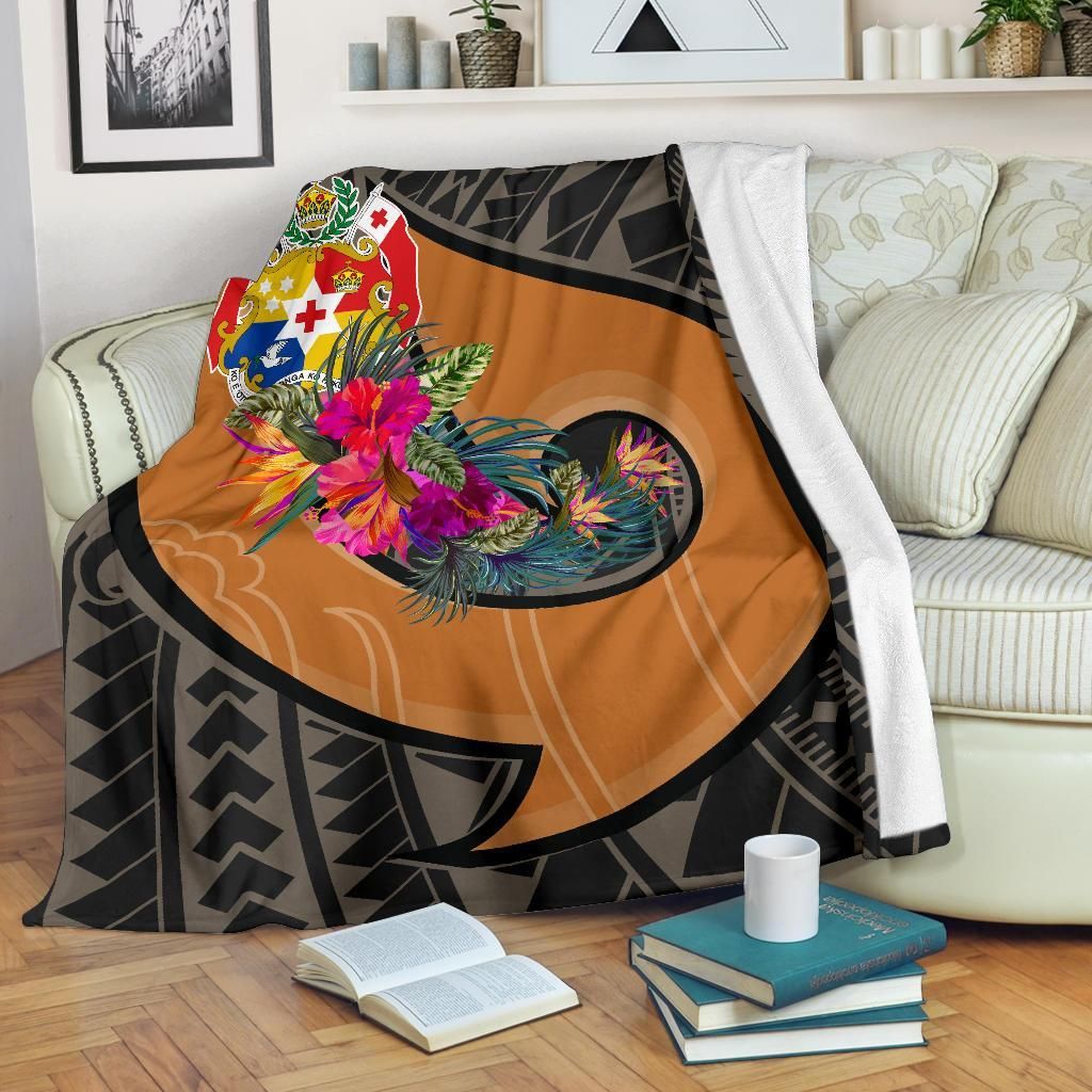 Tonga Premium Blanket - Polynesian Hook And Hibiscus ( Nude)