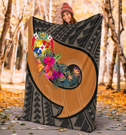 Tonga Premium Blanket - Polynesian Hook And Hibiscus ( Nude)
