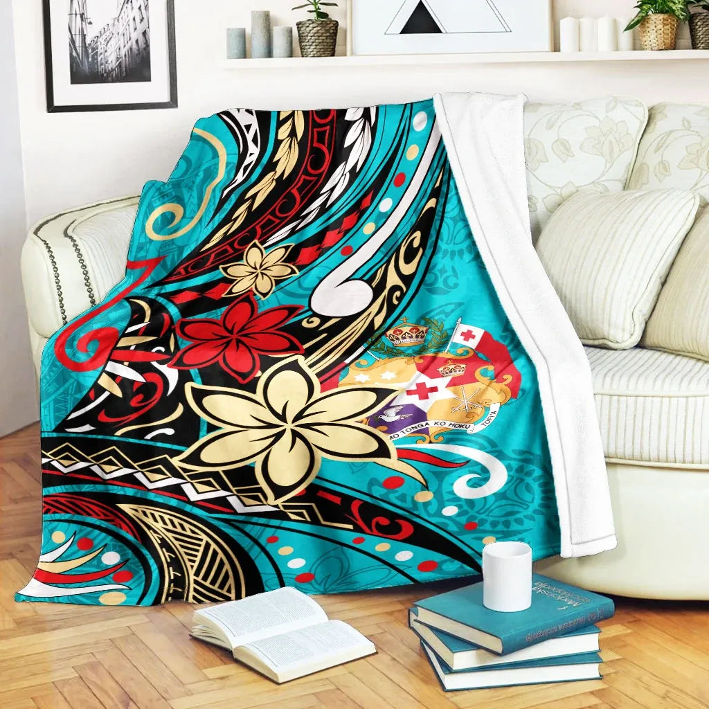 Tonga Premium Blanket - Tribal Flower With Special Turtles Blue Color