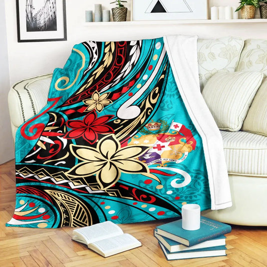 Tonga Premium Blanket - Tribal Flower With Special Turtles Blue Color