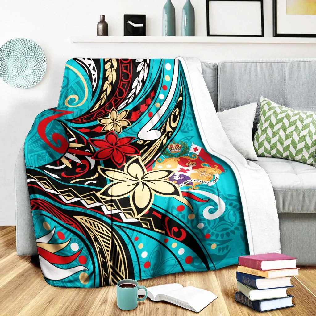 Tonga Premium Blanket - Tribal Flower With Special Turtles Blue Color