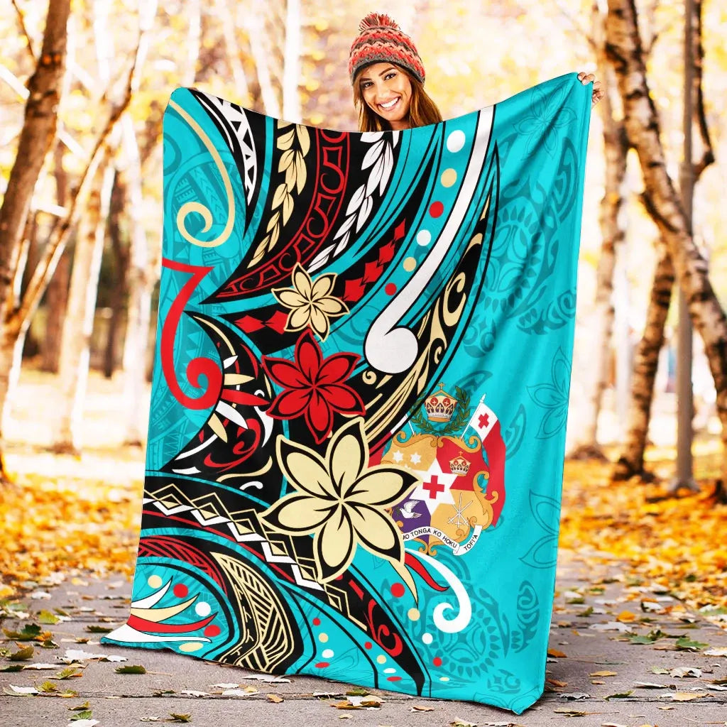 Tonga Premium Blanket - Tribal Flower With Special Turtles Blue Color