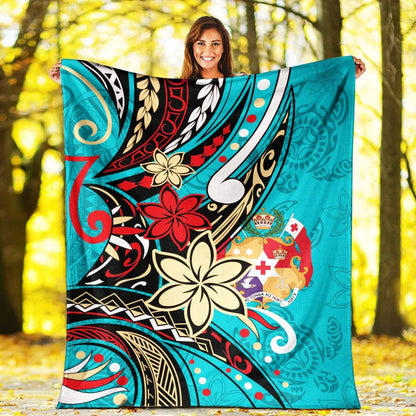 Tonga Premium Blanket - Tribal Flower With Special Turtles Blue Color