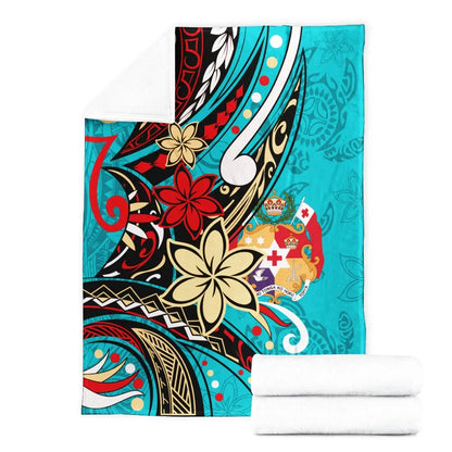 Tonga Premium Blanket - Tribal Flower With Special Turtles Blue Color