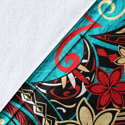 Tonga Premium Blanket - Tribal Flower With Special Turtles Blue Color