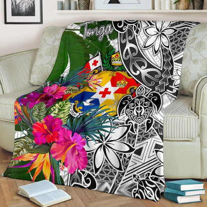 Tonga Premium Blanket White - Turtle Plumeria Banana Leaf
