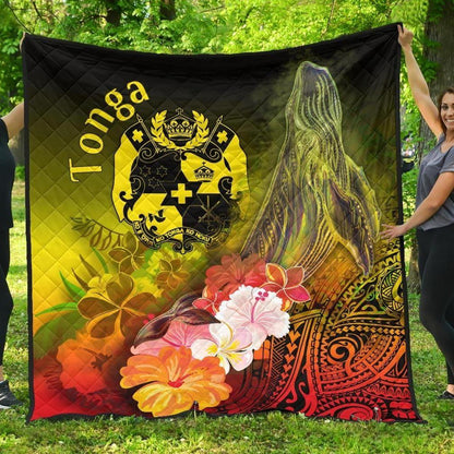 Tonga Premium Quilt - Humpback Whale with Tropical Flowers (Yellow)