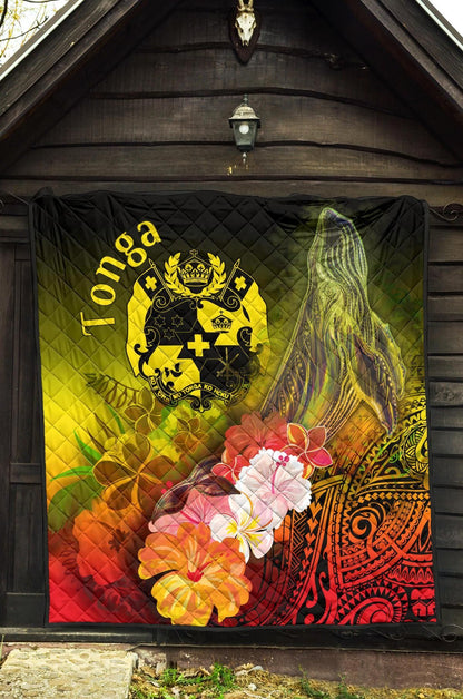 Tonga Premium Quilt - Humpback Whale with Tropical Flowers (Yellow)