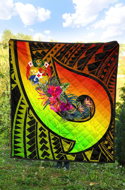 Tonga Premium Quilt - Polynesian Hook And Hibiscus ( Reggae)