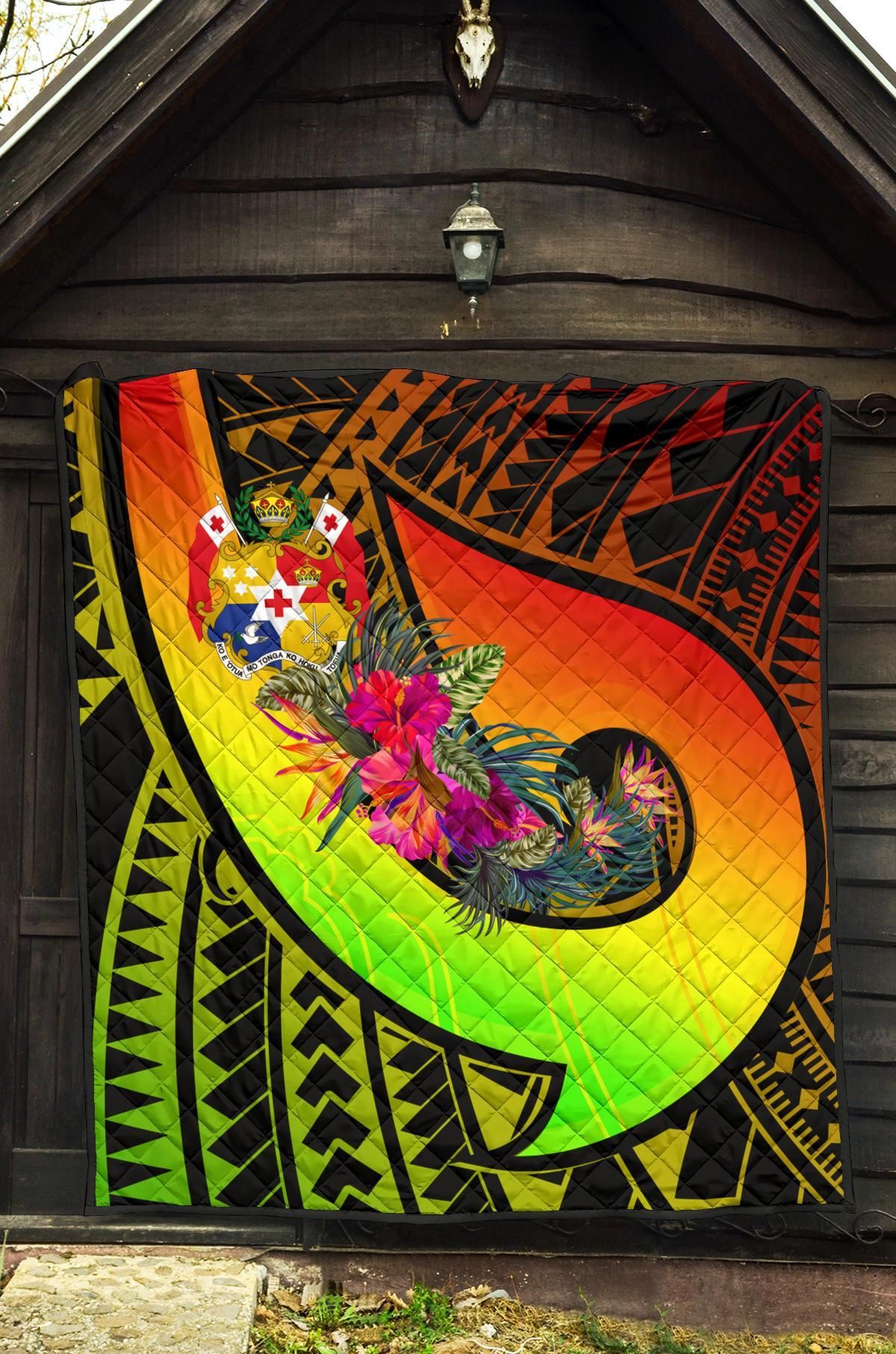 Tonga Premium Quilt - Polynesian Hook And Hibiscus ( Reggae)
