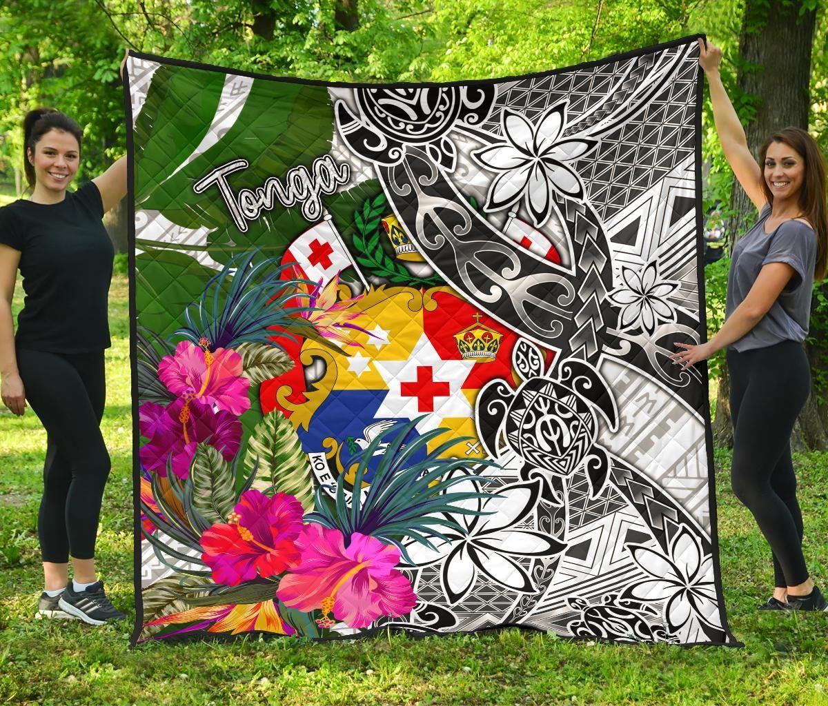 Tonga Premium Quilt White - Turtle Plumeria Banana Leaf