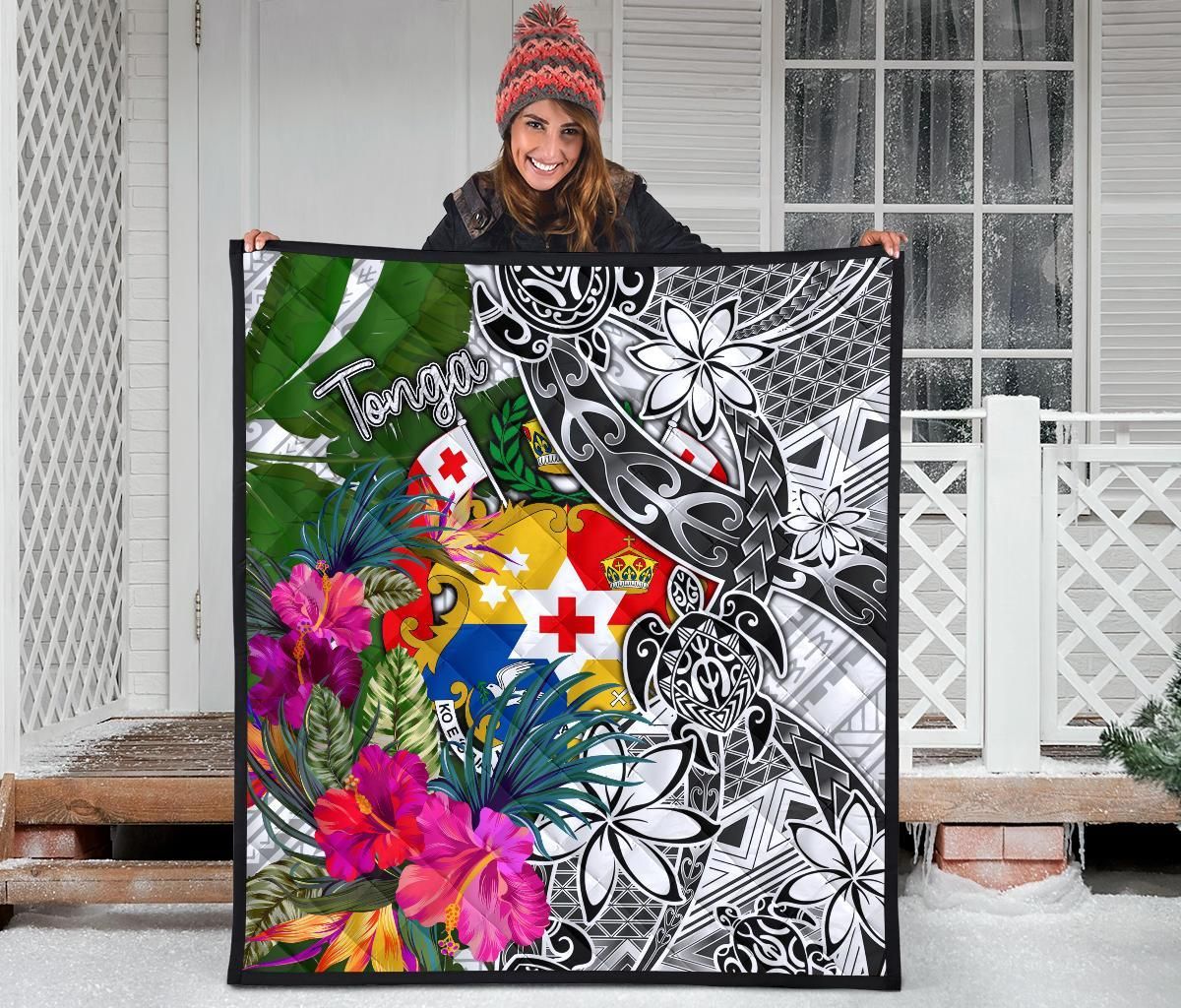 Tonga Premium Quilt White - Turtle Plumeria Banana Leaf