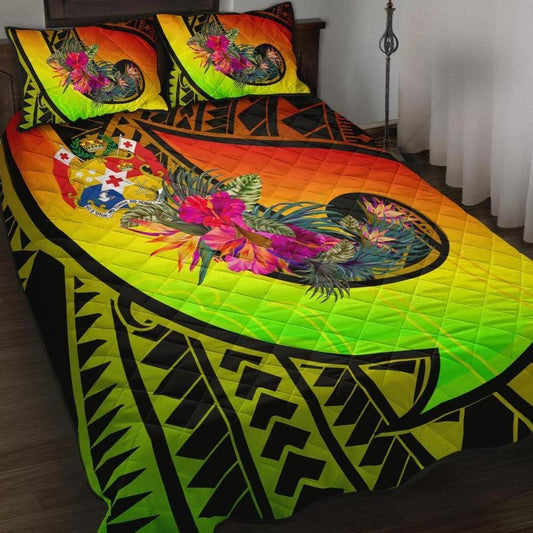 Tonga Quilt Bed Set - Polynesian Hook And Hibiscus ( Reggae)