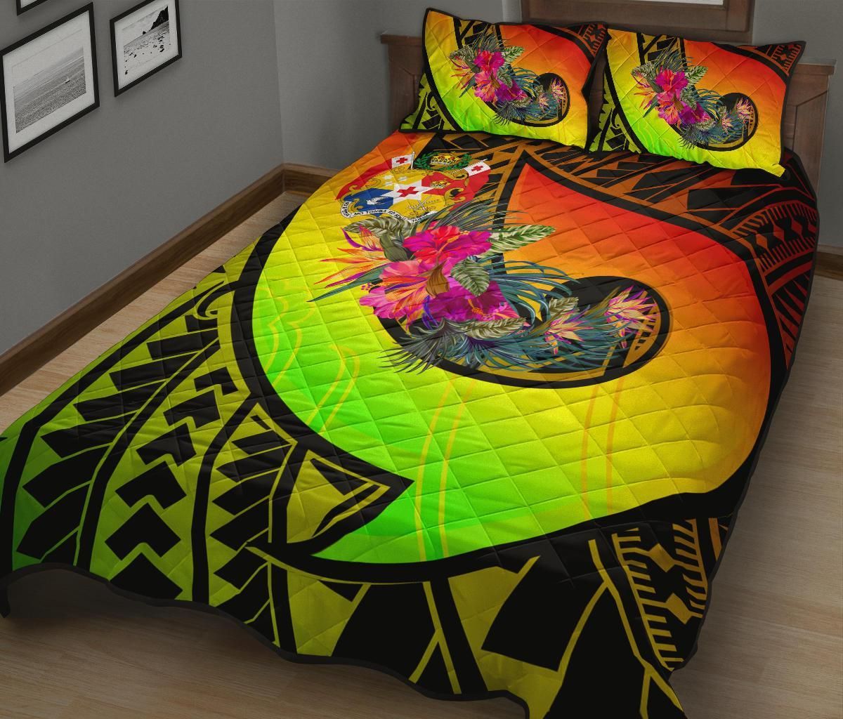 Tonga Quilt Bed Set - Polynesian Hook And Hibiscus ( Reggae)