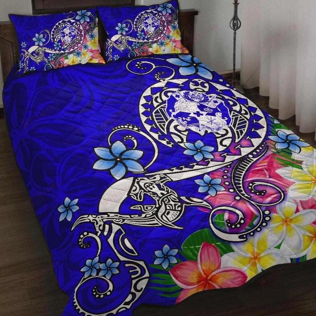 Tonga Quilt Bed Set - Turtle Plumeria (Blue)