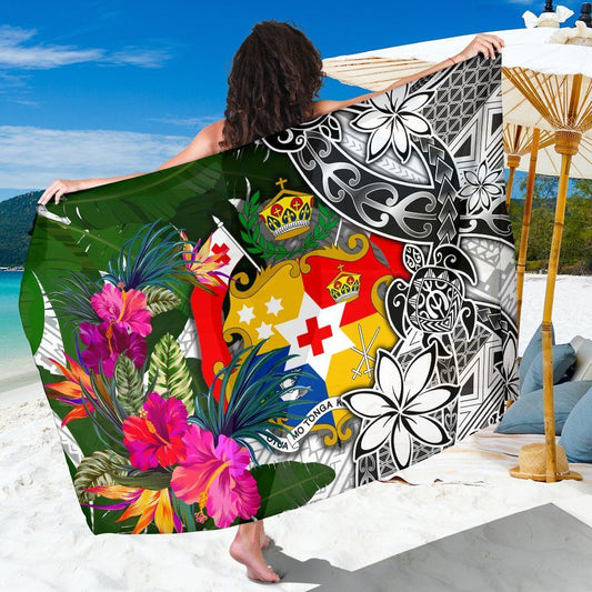 Tonga Sarong White - Turtle Plumeria Banana Leaf