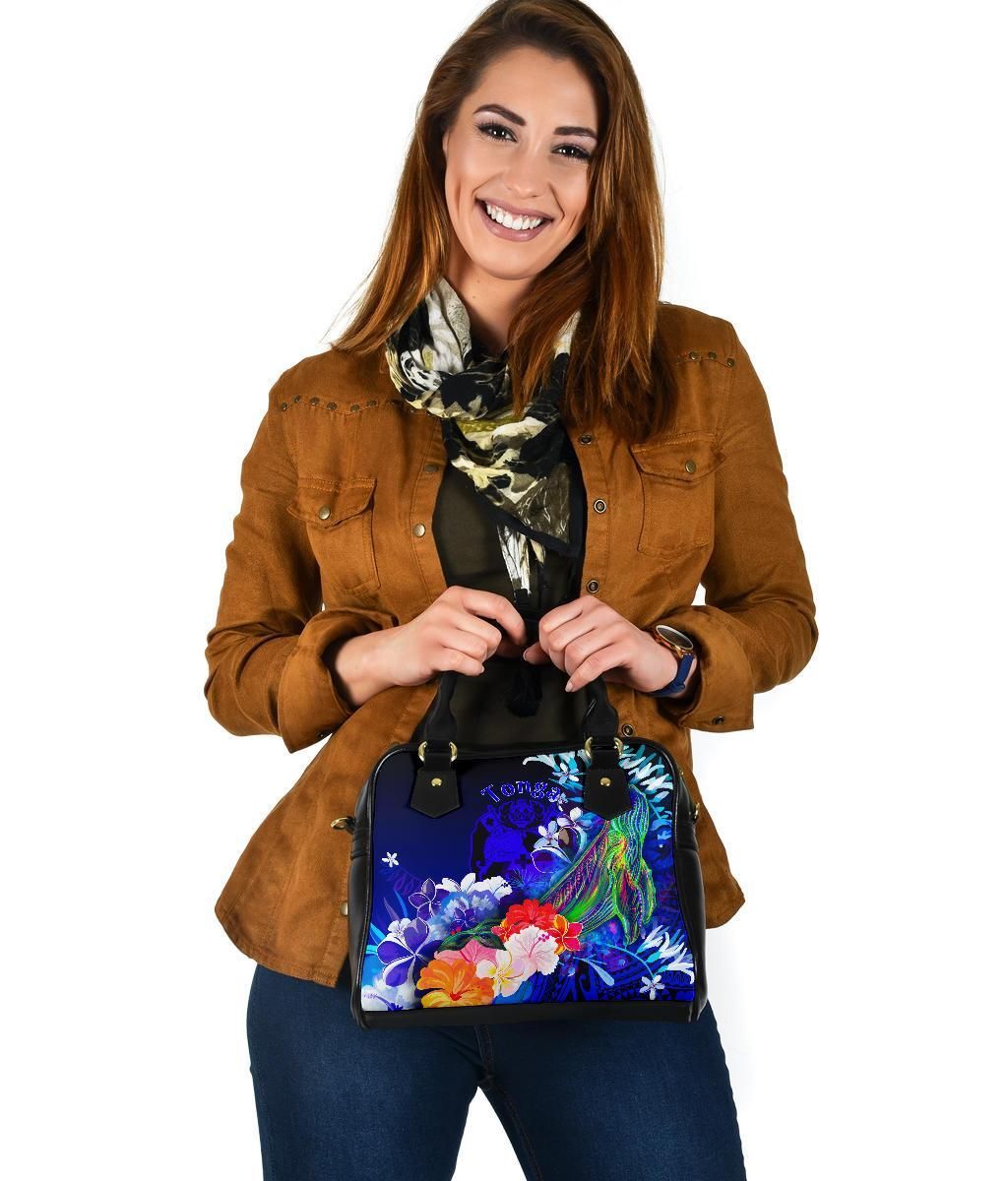 Tonga Shoulder Handbag - Humpback Whale With Tropical Flowers (Blue)