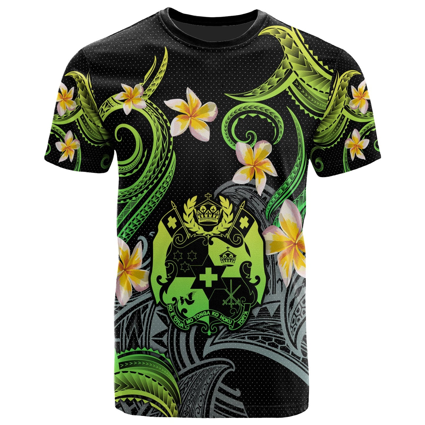 Tonga T-shirt - Custom Personalised Polynesian Waves with Plumeria Flowers (Green)