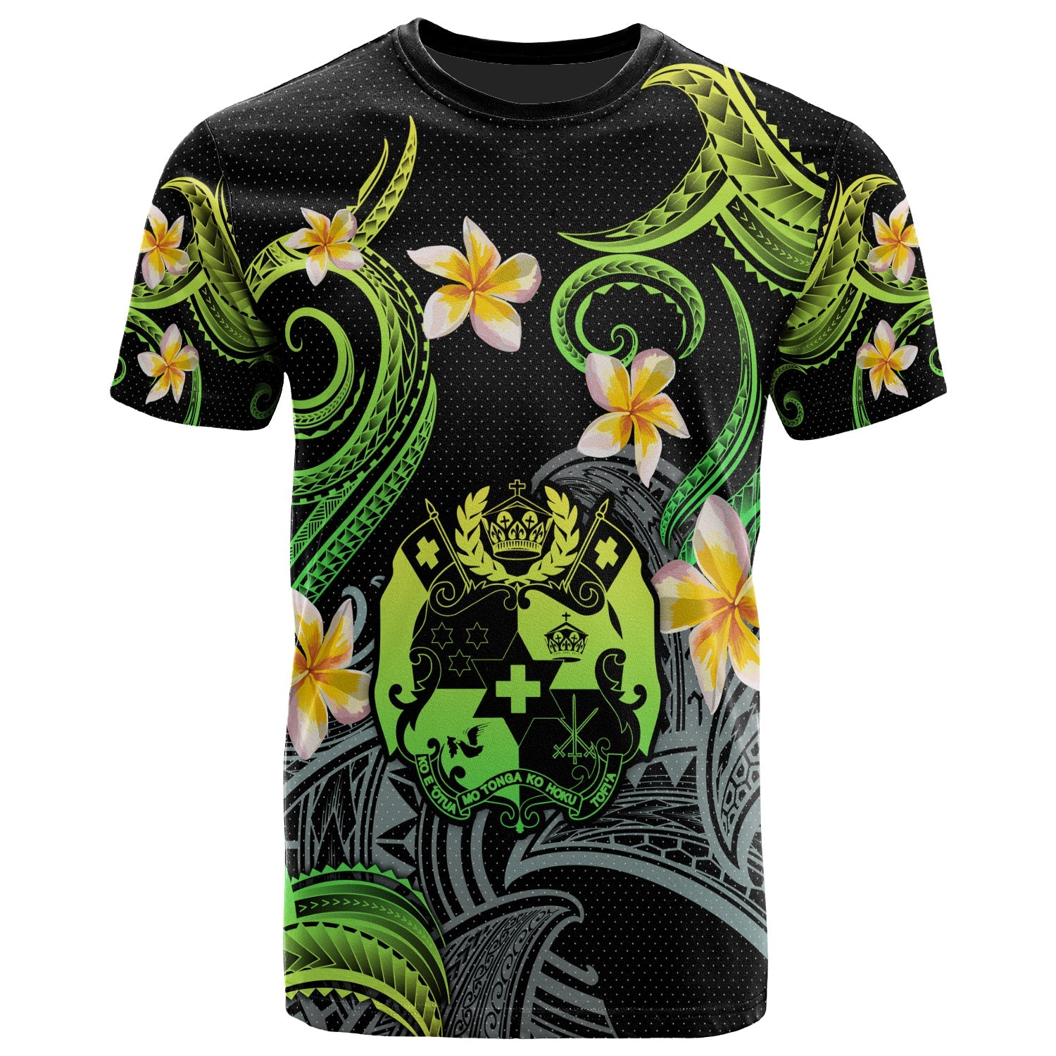Tonga T-shirt - Custom Personalised Polynesian Waves with Plumeria Flowers (Green)