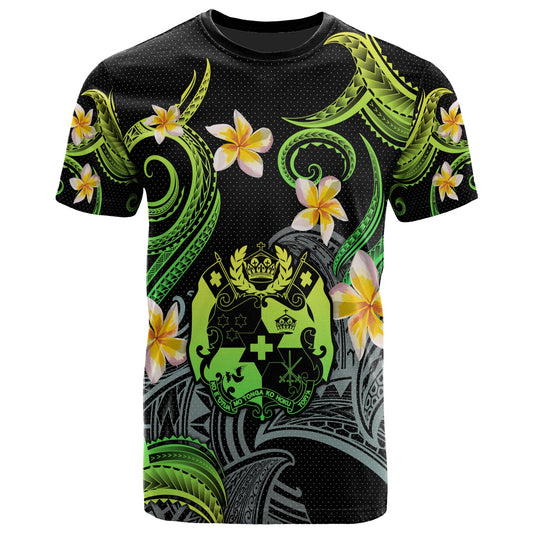 Tonga T-shirt - Custom Personalised Polynesian Waves with Plumeria Flowers (Green)