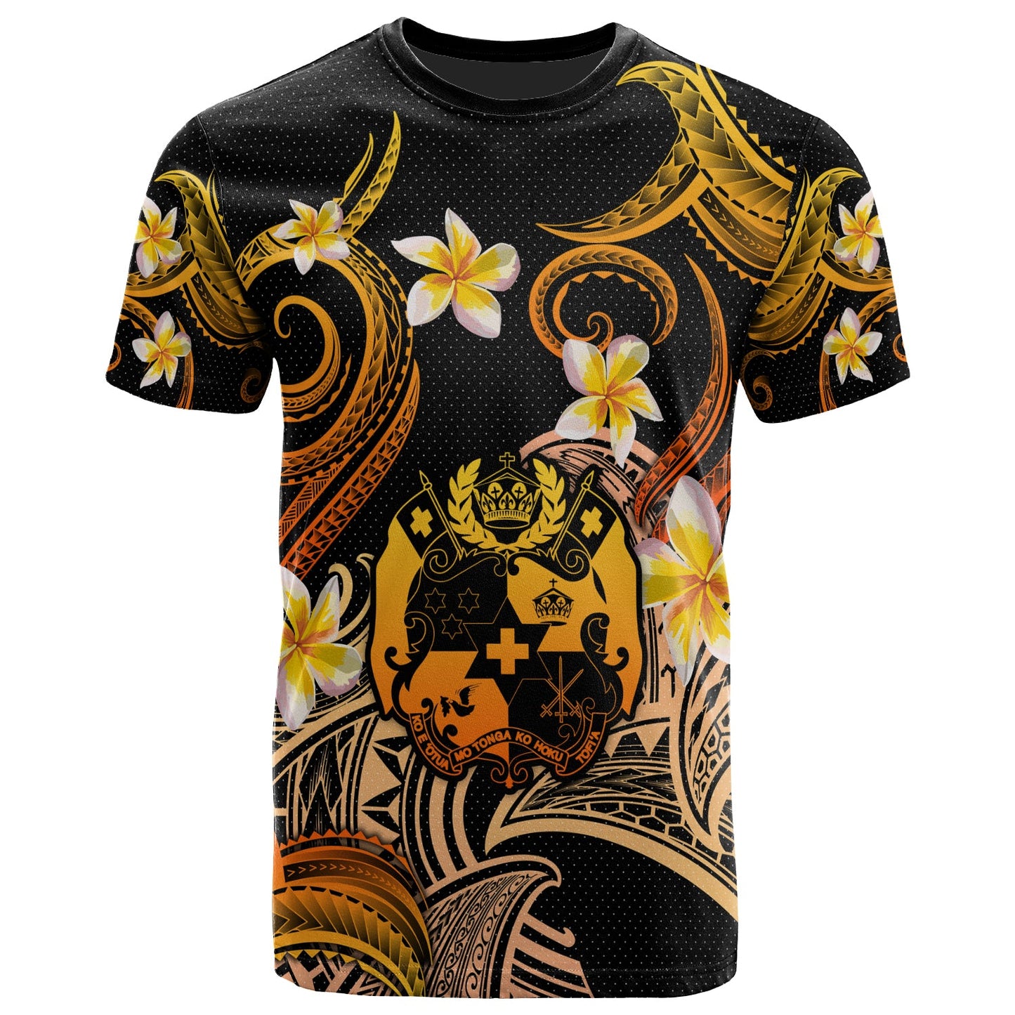 Tonga T-shirt - Custom Personalised Polynesian Waves with Plumeria Flowers (Orange)