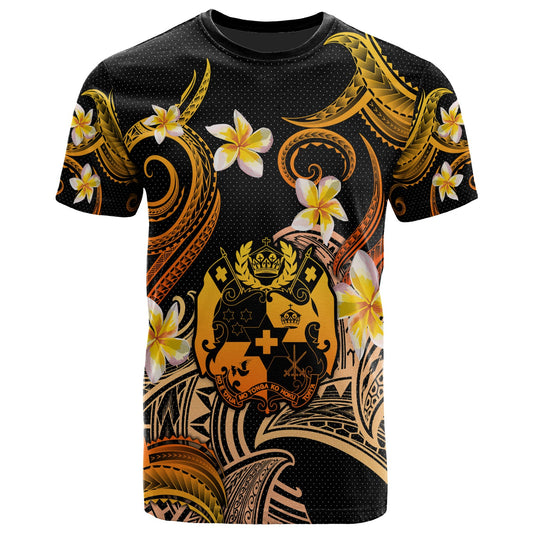 Tonga T-shirt - Custom Personalised Polynesian Waves with Plumeria Flowers (Orange)
