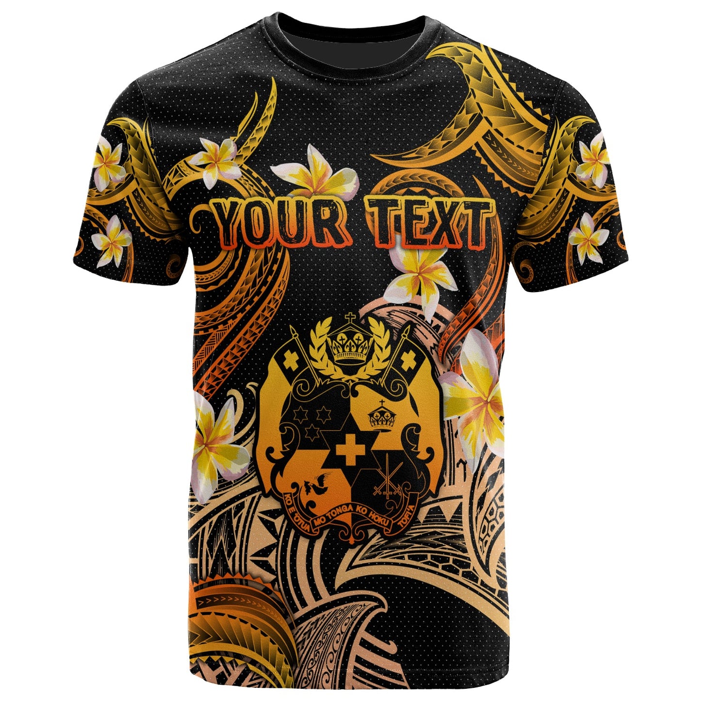 Tonga T-shirt - Custom Personalised Polynesian Waves with Plumeria Flowers (Orange)