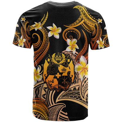 Tonga T-shirt - Custom Personalised Polynesian Waves with Plumeria Flowers (Orange)