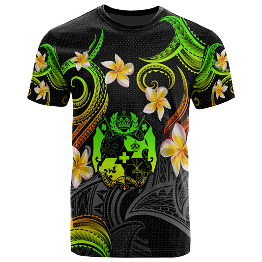 Tonga T-shirt - Custom Personalised Polynesian Waves with Plumeria Flowers (Reggae)