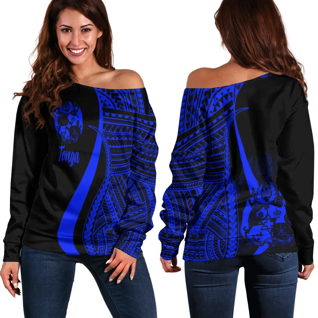 Tonga Women Off Shoulder Sweater - Blue Polynesian Tentacle Tribal Pattern