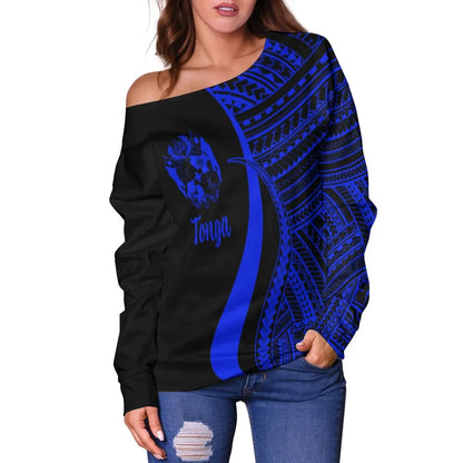 Tonga Women Off Shoulder Sweater - Blue Polynesian Tentacle Tribal Pattern