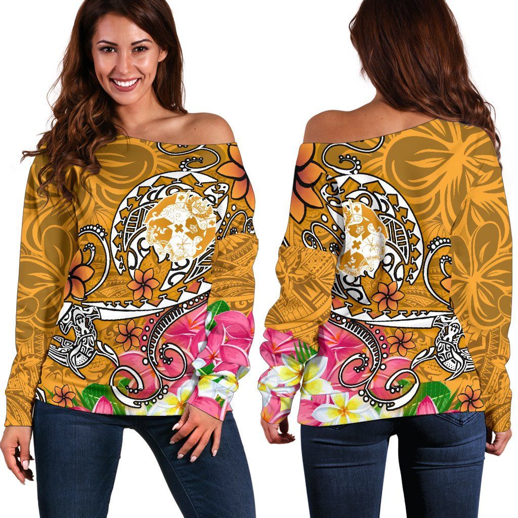Tonga Women Off Shoulder Sweater - Turtle Plumeria (Gold)