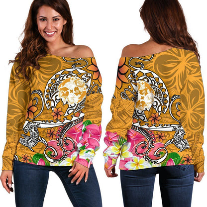 Tonga Women Off Shoulder Sweater - Turtle Plumeria (Gold)