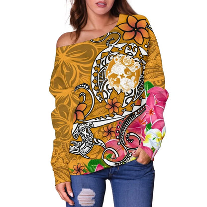 Tonga Women Off Shoulder Sweater - Turtle Plumeria (Gold)