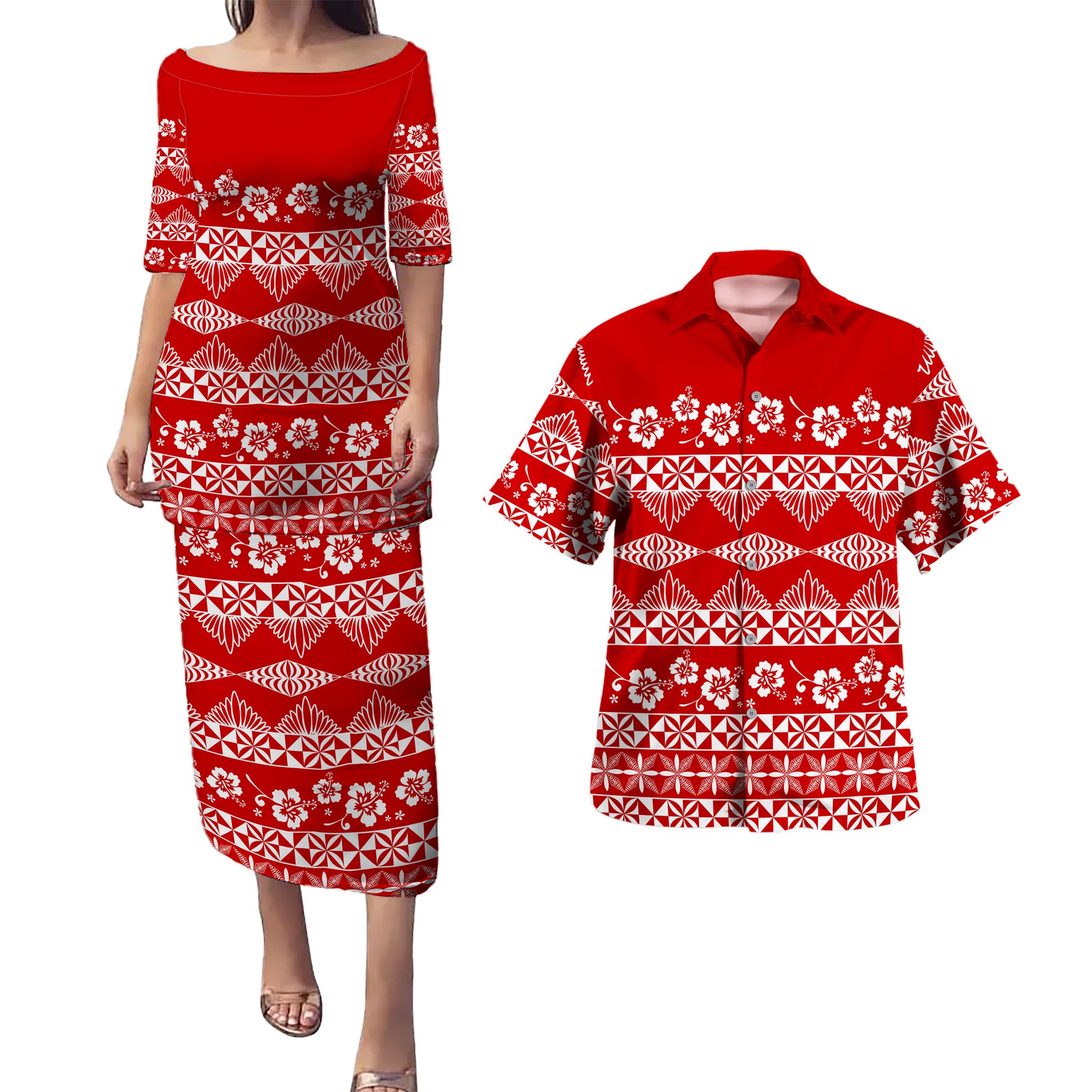 Tonga Combo Puletasi And Shirt Ngatu Design Pattern Hibiscus