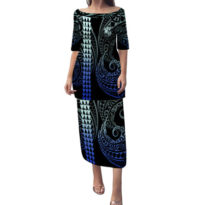 Tonga Puletasi Kakau Style Gradient Blue