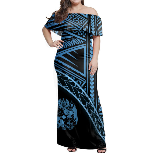 Tonga Woman Off Shoulder Long Dress Polynesian Tribal Coat Of Arms