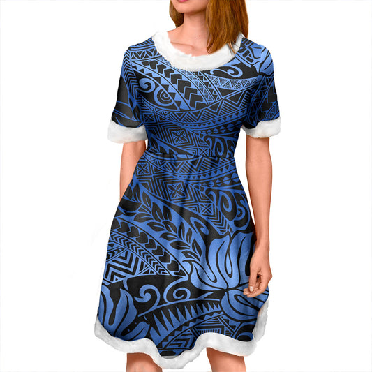 Hawaii Women and Kid Christmas Dress Tribal Leaf Blue