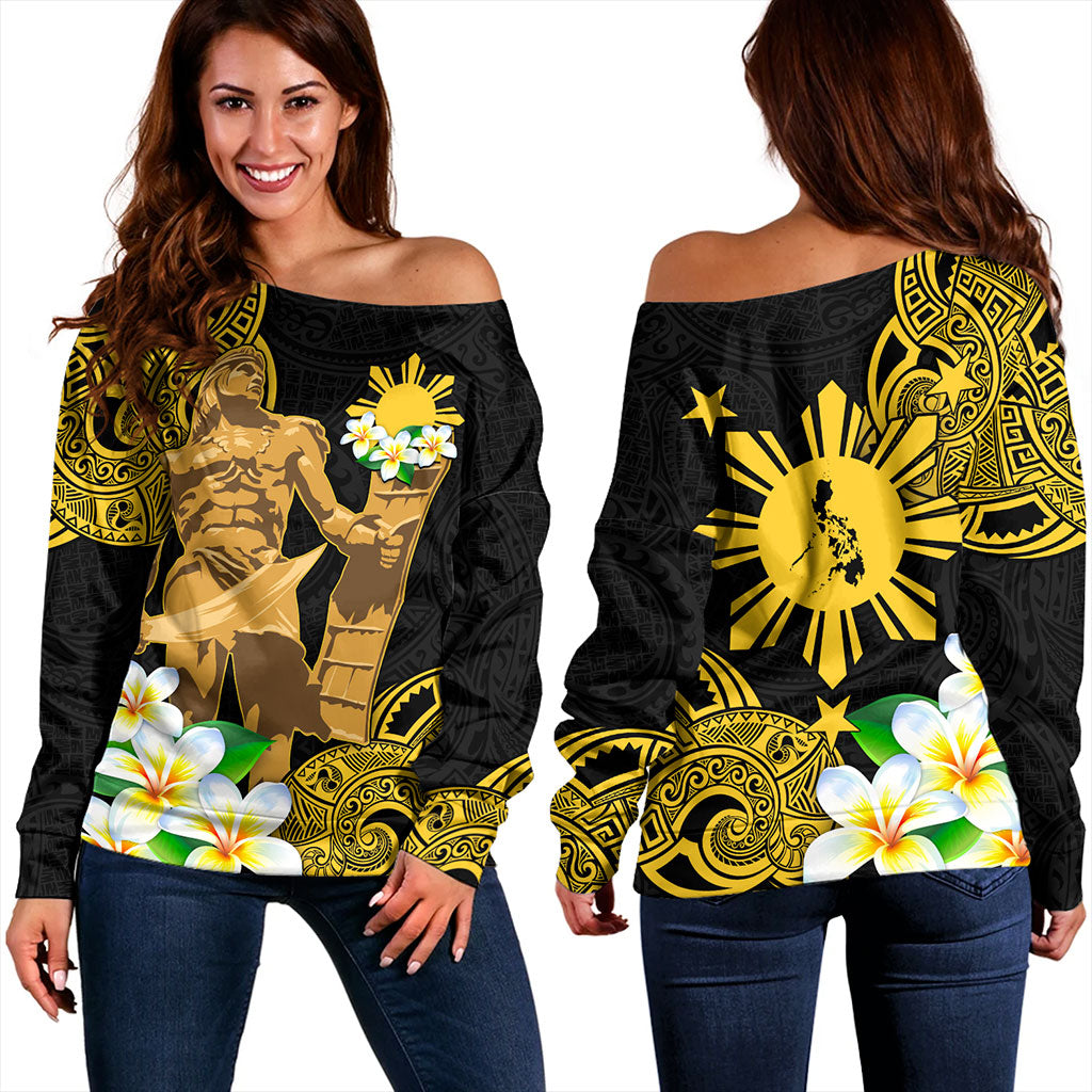 Philippines Filipinos Off Shoulder Sweatshirt Custom Tribal Lapu Lapu With Plumeria Flower