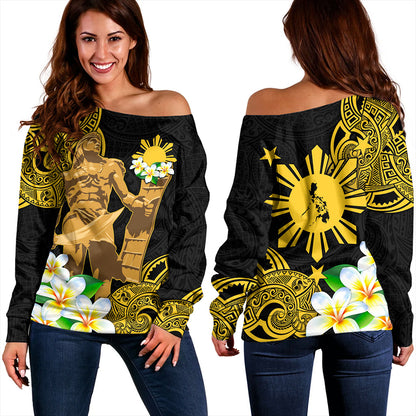 Philippines Filipinos Off Shoulder Sweatshirt Custom Tribal Lapu Lapu With Plumeria Flower