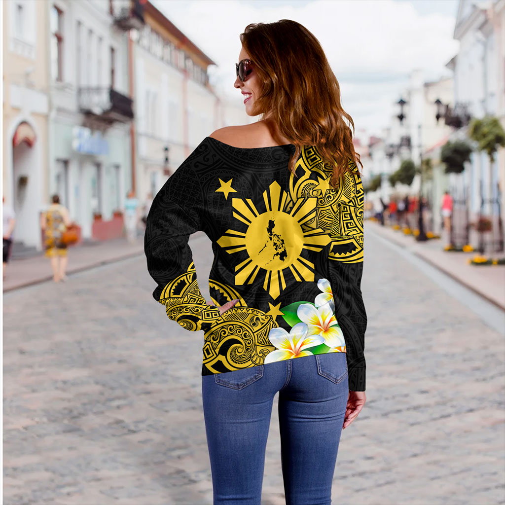 Philippines Filipinos Off Shoulder Sweatshirt Custom Tribal Lapu Lapu With Plumeria Flower