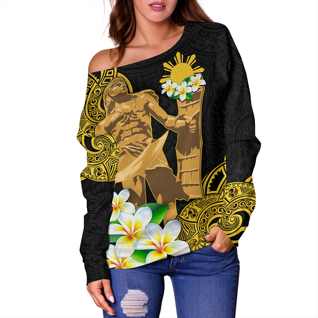 Philippines Filipinos Off Shoulder Sweatshirt Custom Tribal Lapu Lapu With Plumeria Flower