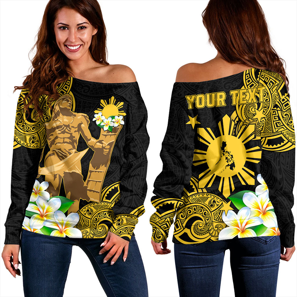Philippines Filipinos Off Shoulder Sweatshirt Custom Tribal Lapu Lapu With Plumeria Flower