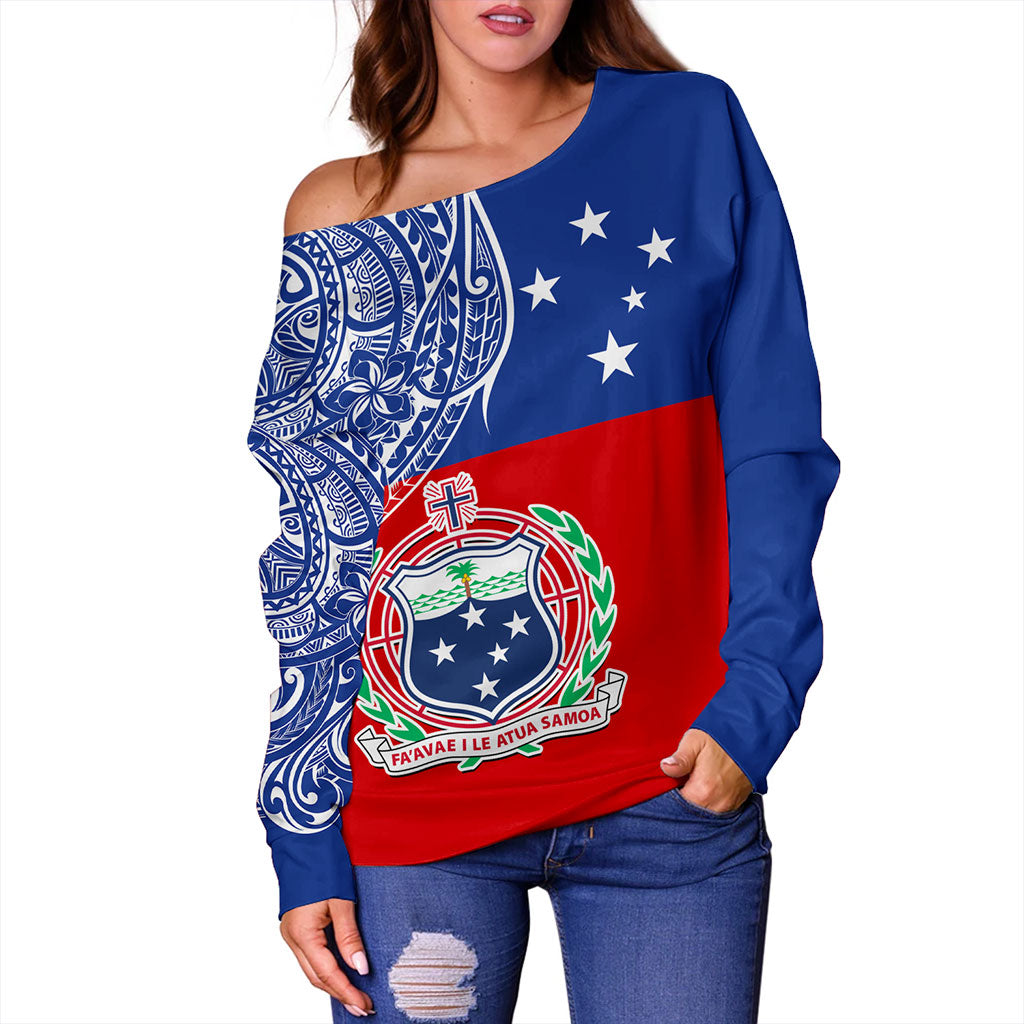 Samoa Off Shoulder Sweatshirt Tribal Polynesia Flag Half Concept