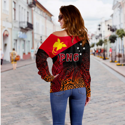 Papua New Guinea Off Shoulder Sweatshirt Tribal Tattoo Bird PNG Design Gradient Style