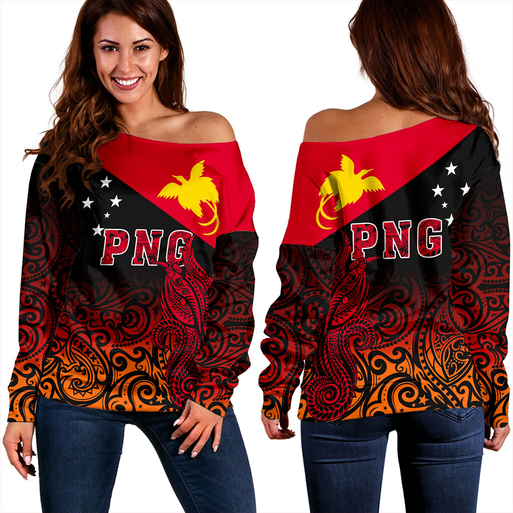 Papua New Guinea Off Shoulder Sweatshirt Tribal Tattoo Bird PNG Design Gradient Style